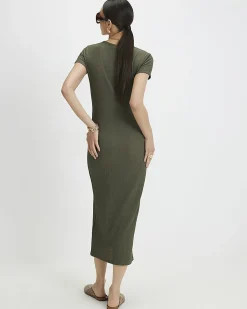 Khaki Short Sleeve Textured Midi Dress