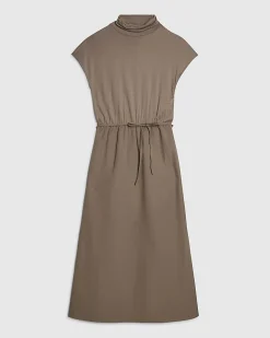 Khaki Short Sleeve Tie Waist Midi Dress