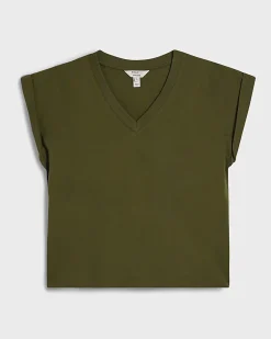 Khaki Short Sleeve V Neck Top