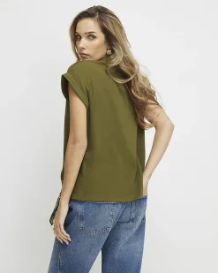 Khaki Short Sleeve V Neck Top