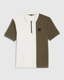 Khaki Slim Fit Blocked Zip Polo Shirt