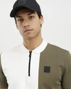 Khaki Slim Fit Blocked Zip Polo Shirt
