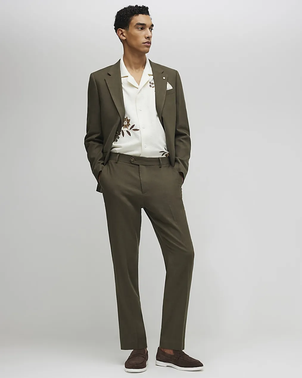 Khaki Slim Fit Linen Blend Suit Trousers