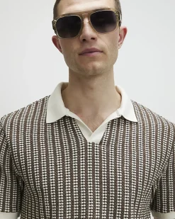 Khaki Slim Open Neck Crochet Polo Shirt
