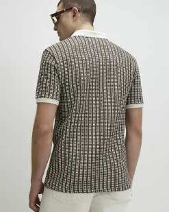 Khaki Slim Open Neck Crochet Polo Shirt