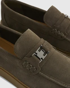 Khaki Suede Buckle Loafers