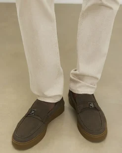 Khaki Suede Buckle Loafers