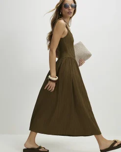 Khaki Textured Midi Dress