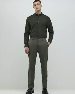 Khaki Textured Muscle Fit Long Sleeve Shirt