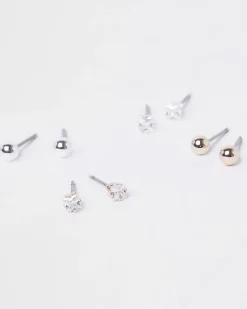 Metal Cubic Zirconia Stud Earrings Multipack