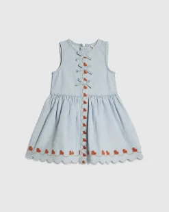 Mini Girls Blue Denim Heart Embroidered Dress
