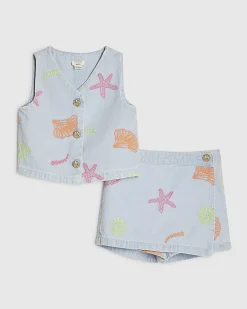 Mini Girls Denim Sea Fishes Waistcoat Set