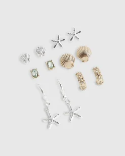 Mixed metal shell starfish multipack earrings