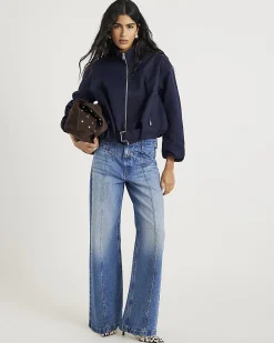 Navy Belted Bubble Hem Jacket