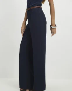 Navy Belted Straight Leg Trousers