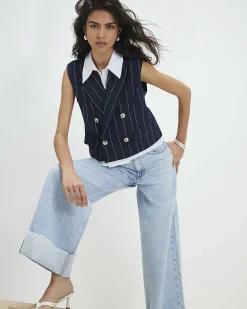 Navy Boxy Pinstripe Hybrid Waistcoat