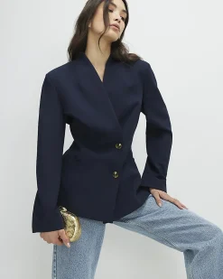 Navy Collarless Blazer