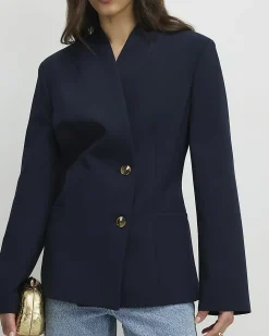 Navy Collarless Blazer