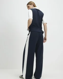 Navy Colour Blocked Wide Leg Trousers