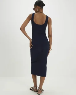 Navy Cotton Blend Button Front Midi Dress