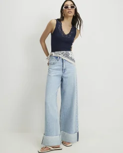 Navy Cotton Blend Lace Trim Tank Top