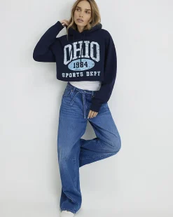 Navy Cotton Blend Ohio Cropped Hoodie