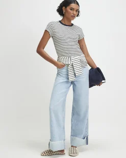 Navy Cotton Blend Rib Stripe Fitted T-Shirt