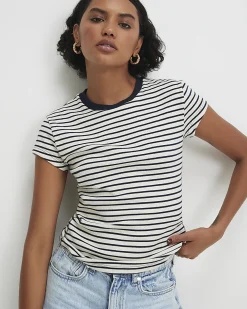 Navy Cotton Blend Rib Stripe Fitted T-Shirt