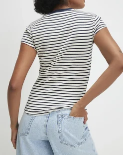 Navy Cotton Blend Rib Stripe Fitted T-Shirt