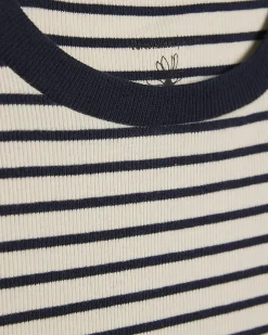 Navy Cotton Blend Rib Stripe Fitted T-Shirt