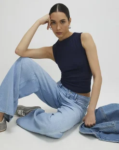 Navy Cotton Blend Ribbed Tank Top