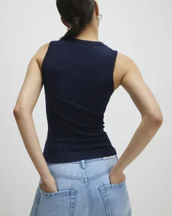 Navy Cotton Blend Ribbed Tank Top