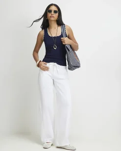 Navy Cotton Blend Scallop Tank Top