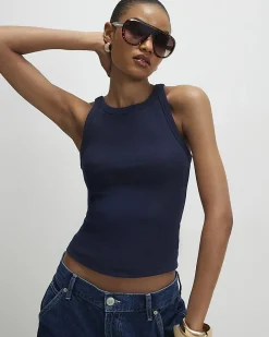 Navy Cotton Blend Sleeveless Ribbed Cami Top