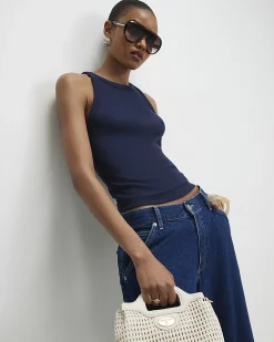 Navy Cotton Blend Sleeveless Ribbed Cami Top