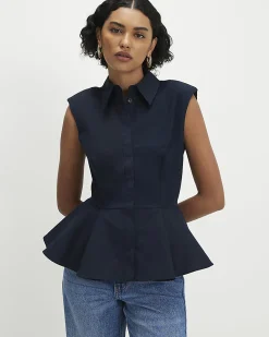Navy Cotton Blend Sleeveless Peplum Shirt