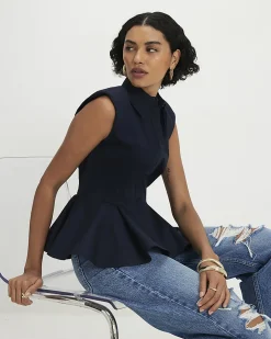 Navy Cotton Blend Sleeveless Peplum Shirt