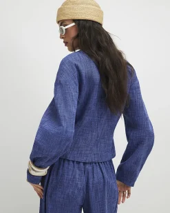 Navy Cotton Cocoon Sleeve Seamed Jacket