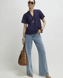 Navy Cotton Lace Button Through Blouse