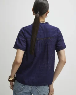 Navy Cotton Lace Button Through Blouse