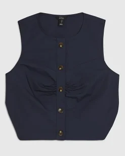 Navy Cotton Poplin Sleeveless Waistcoat Top