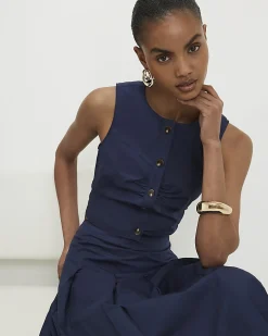 Navy Cotton Poplin Sleeveless Waistcoat Top