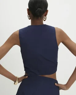 Navy Cotton Poplin Sleeveless Waistcoat Top