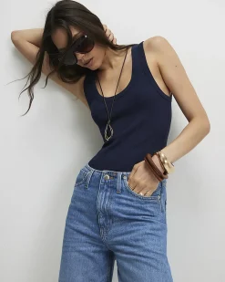 Navy Cotton Ribbed Scoop Neck Vest Top