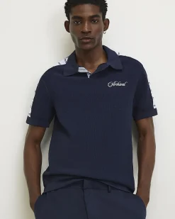 Navy Cotton Short Sleeve Open Collar Jumper