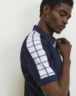 Navy Cotton Short Sleeve Open Collar Jumper