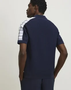 Navy Cotton Short Sleeve Open Collar Jumper