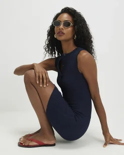 Navy Cotton Sleeveless Popper Mini Dress