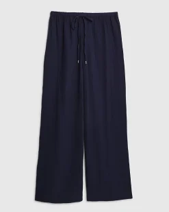Navy Crinkle Drawstring Wide Leg Trousers