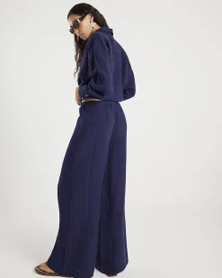 Navy Crinkle Drawstring Wide Leg Trousers
